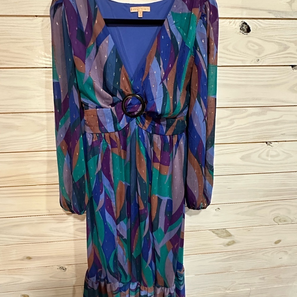Blue and Green Long Sleeve Sundress with V-Neck - Picture 7 of 8